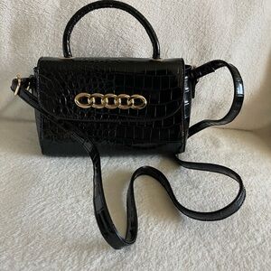 Black Croc-Embossed Top Handle Bag with Gold Accent